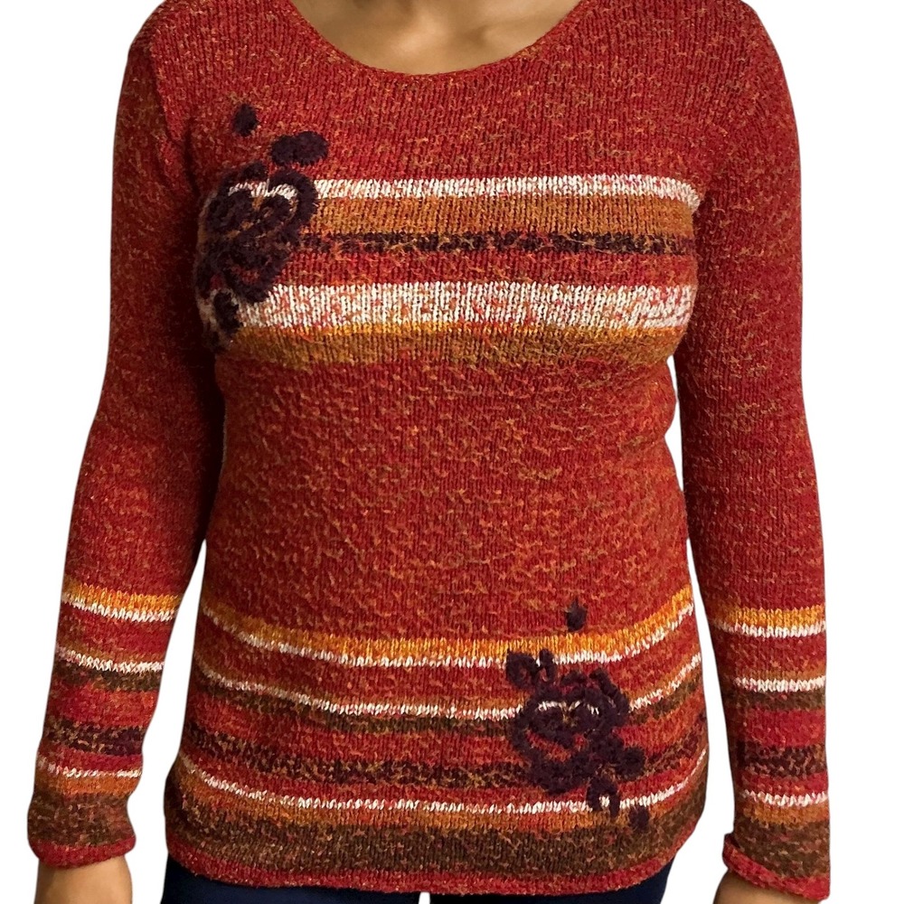 Vintage Y2K Crazy Horse Collection Rust Knit Sweater Floral Embroidered Small